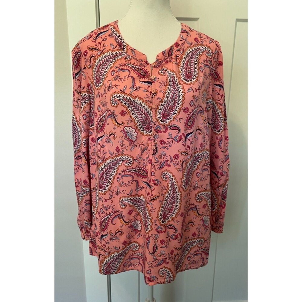 TALBOTS Womens Popover TOP Long Sleeve PINK Blue Orange PAISLEY Size XL